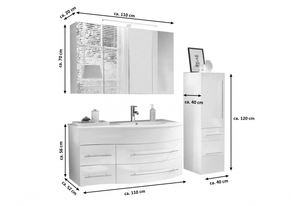 SAM® Badmöbel Set 3tlg Becken 110 cm weiß Hochglanz Dublin rechts itemprop=