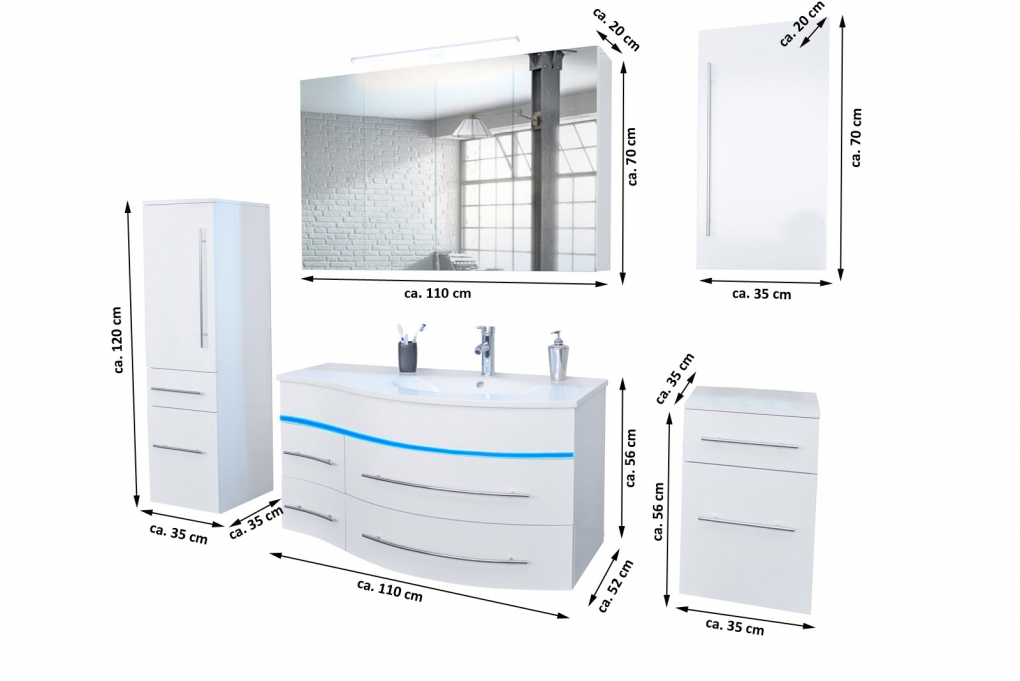 Badmöbel Set 5tlg Waschbecken LED 110 cm weiß Divino rechts itemprop=