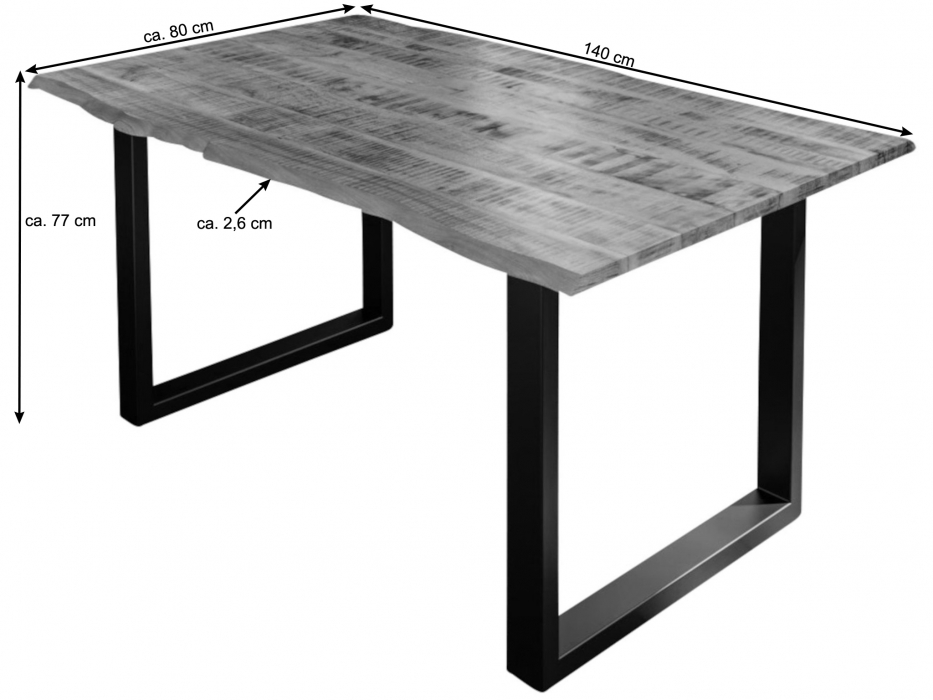 Esstisch Baumkante Massiv Mango naturfarben 140 x 80 silber U-Gestell DORA itemprop=