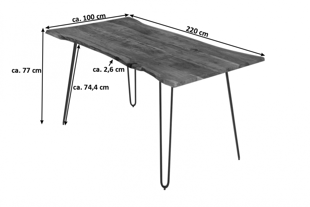  Esstisch Baumkante massiv Akazie nussbaum 220 Hairpin-Gestell schwarz HANNAH itemprop=