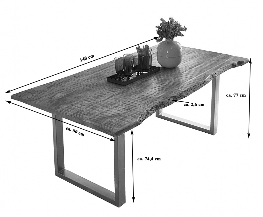 Essgruppe 140 cm Mango naturfarben U-Gestell silber mit 6 Stühlen NORINA itemprop=