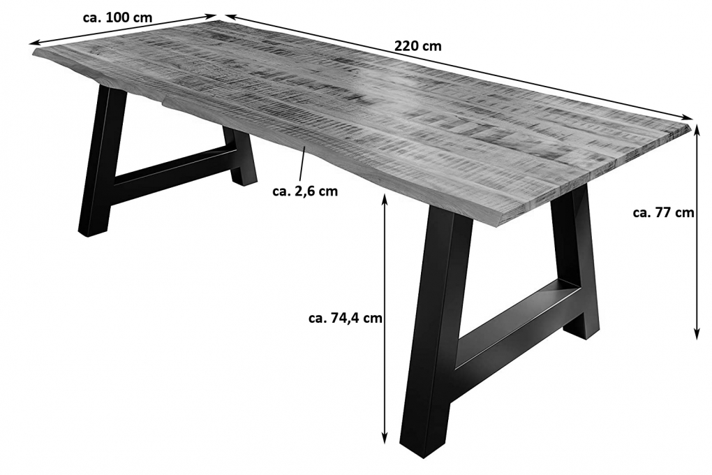 Essgruppe 220 cm Mango naturfarben A-Gestell schwarz mit 6 Stühlen DORA itemprop=