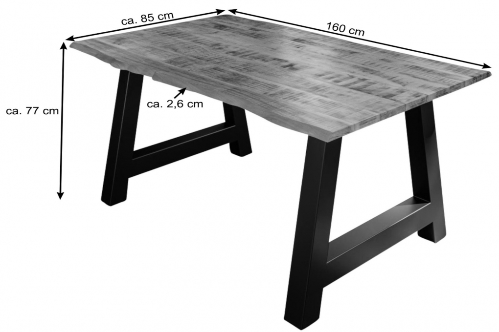 Essgruppe 160 cm Mango naturfarben A-Gestell silber mit 6 Stühlen DORA itemprop=