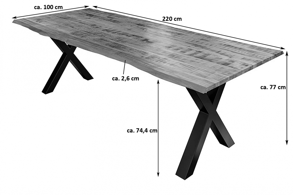 Essgruppe 220 cm Mango naturfarben X-Gestell silber mit 6 Stühlen DORA itemprop=