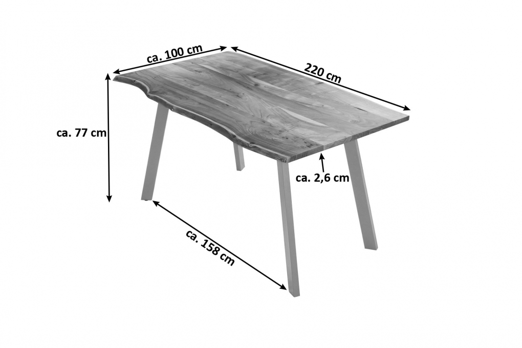 Esstisch Baumkante massiv Akazie naturfarben 220 x 100 cm silber LAXMI itemprop=