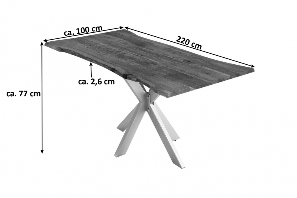 Esstisch Baumkante massiv Akazie nussbaum 220 cm Spider-Gestell silber HELENE itemprop=