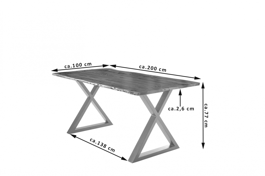 Esstisch Baumkante massiv Akazie nussbaum 200 x 100 silber X-Gestell LUBIN itemprop=