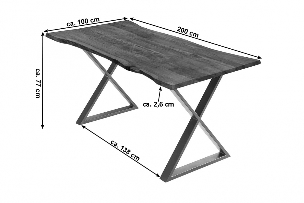 Esstisch Baumkante Akazie nussbaumfarben 200 x 100 cm geschlossenes X-Gestell edelstahlfarben KASIMIR itemprop=