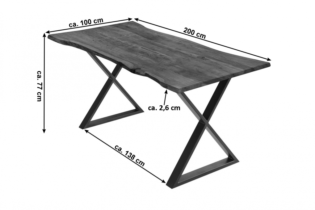 Esstisch Baumkante Akazie nussbaumfarben 200 x 100 cm geschlossenes X-Gestell schwarz KASIMIR itemprop=