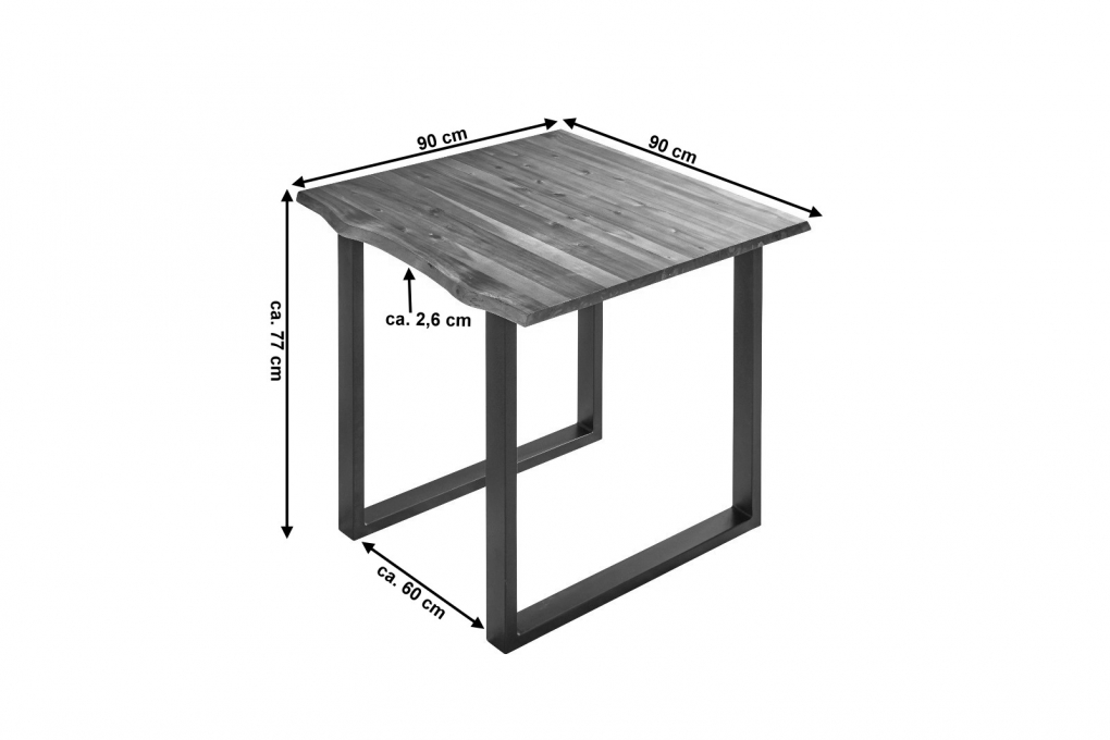 Esstisch Baumkante Massiv Akazie cognac 90 x 90 schwarz Esra itemprop=