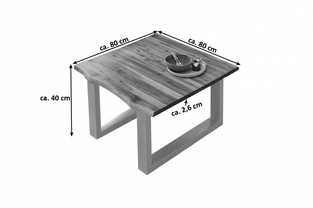 Couchtisch Baumkante 80 x 80 cm Akazie cognacfarben silber Esra itemprop=