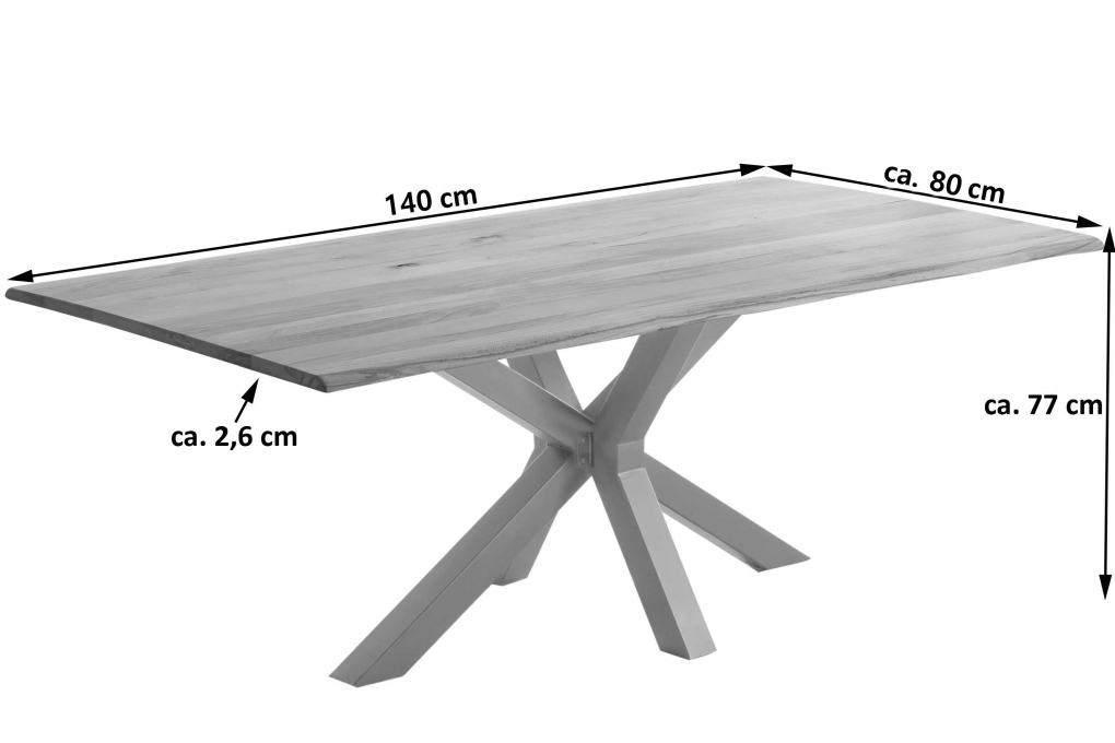 Esstisch Baumkante Massiv Wildbuche 140 x 80 silber Spider-Gestell Gent itemprop=