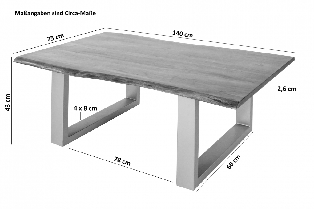 Couchtisch Baumkante massiv Akazie Nussbaum 140 x 75 cm U-Gestell silber INSA itemprop=