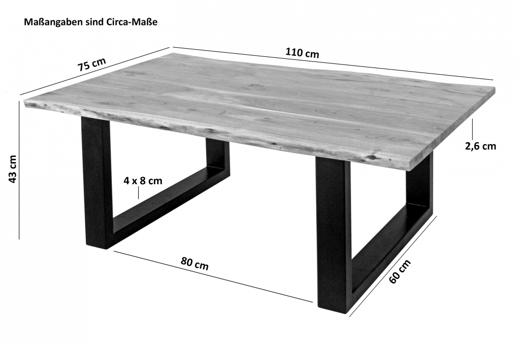 Couchtisch Baumkante massiv Akazie Natur 110 x 75 cm U-Gestell schwarz INSA itemprop=