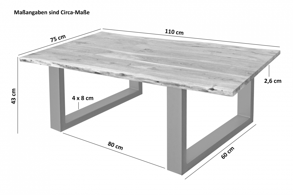 Couchtisch Baumkante massiv Akazie Natur 110 x 75 cm U-Gestell silber INSA itemprop=