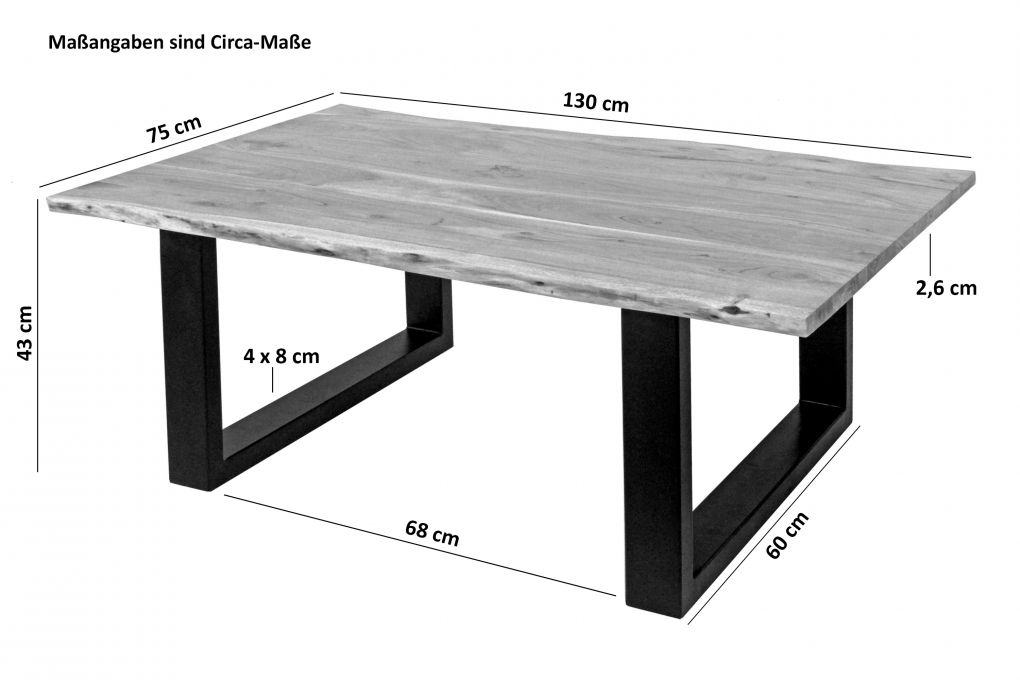 Couchtisch Baumkante massiv Akazie Natur 130 x 75 cm U-Gestell schwarz INSA itemprop=