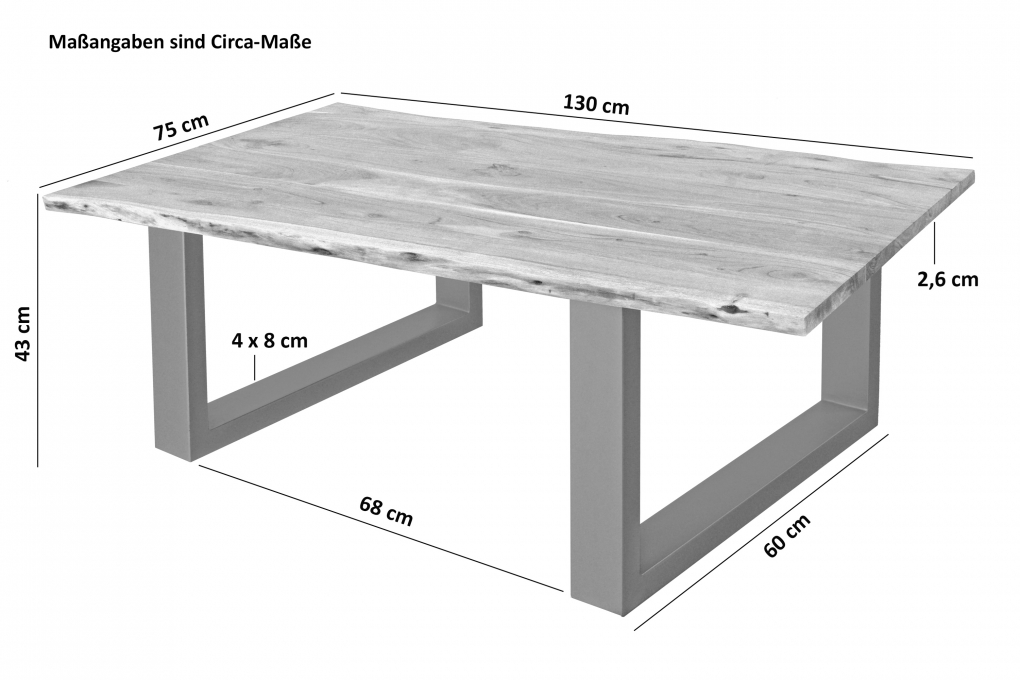 Couchtisch Baumkante massiv Akazie Natur 130 x 75 cm U-Gestell silber INSA itemprop=