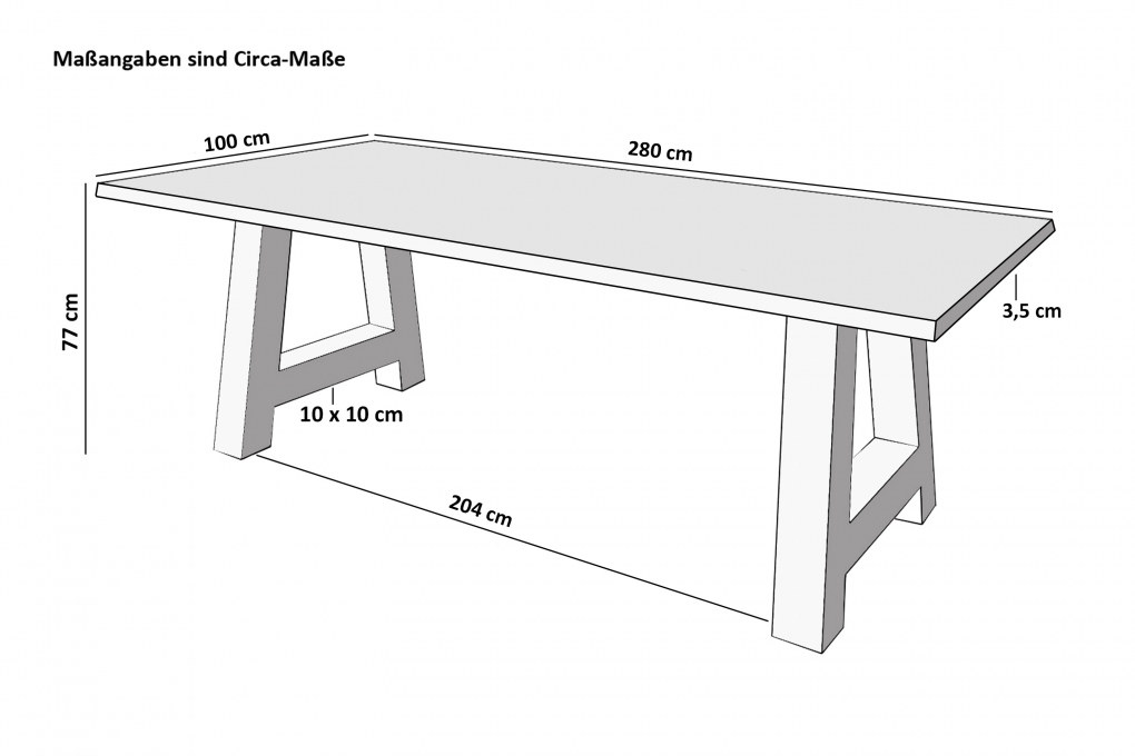 Baumkante Esstisch Sheesham teakfarben  280x100 A-Gestell schwarz Lotti itemprop=