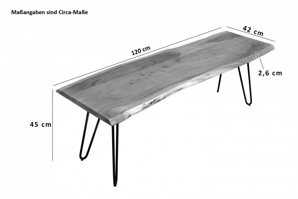 Sitzbank Baumkante 120 cm nussbaum massiv Akazie Hairpin-Gestell schwarz itemprop=