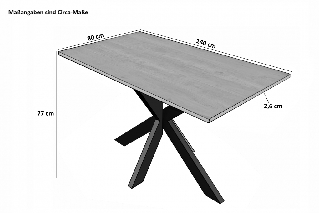 Esstisch 140 x 80 cm Akazie massiv naturfarben Schweizer Kante Spider-Gestell ABBY itemprop=